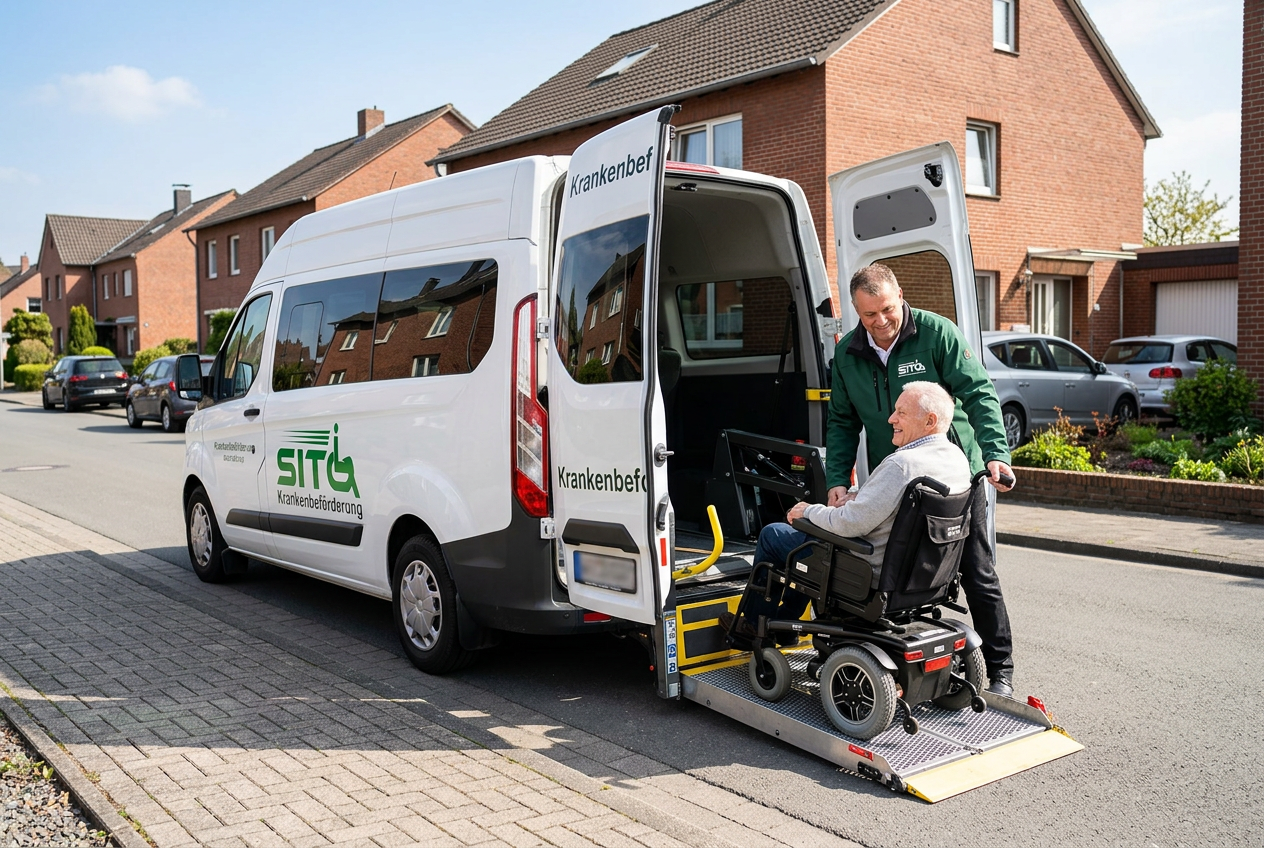SITO Mitarbeiter hilft Rollstuhlfahrer über Rampe in den Van